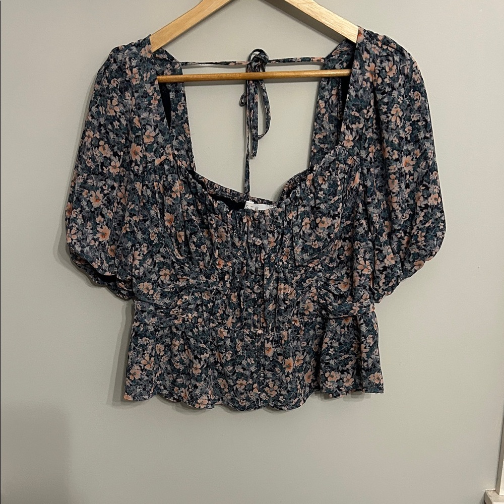 Astr Floral Puff Sleeve Blouse - Blue and Peach